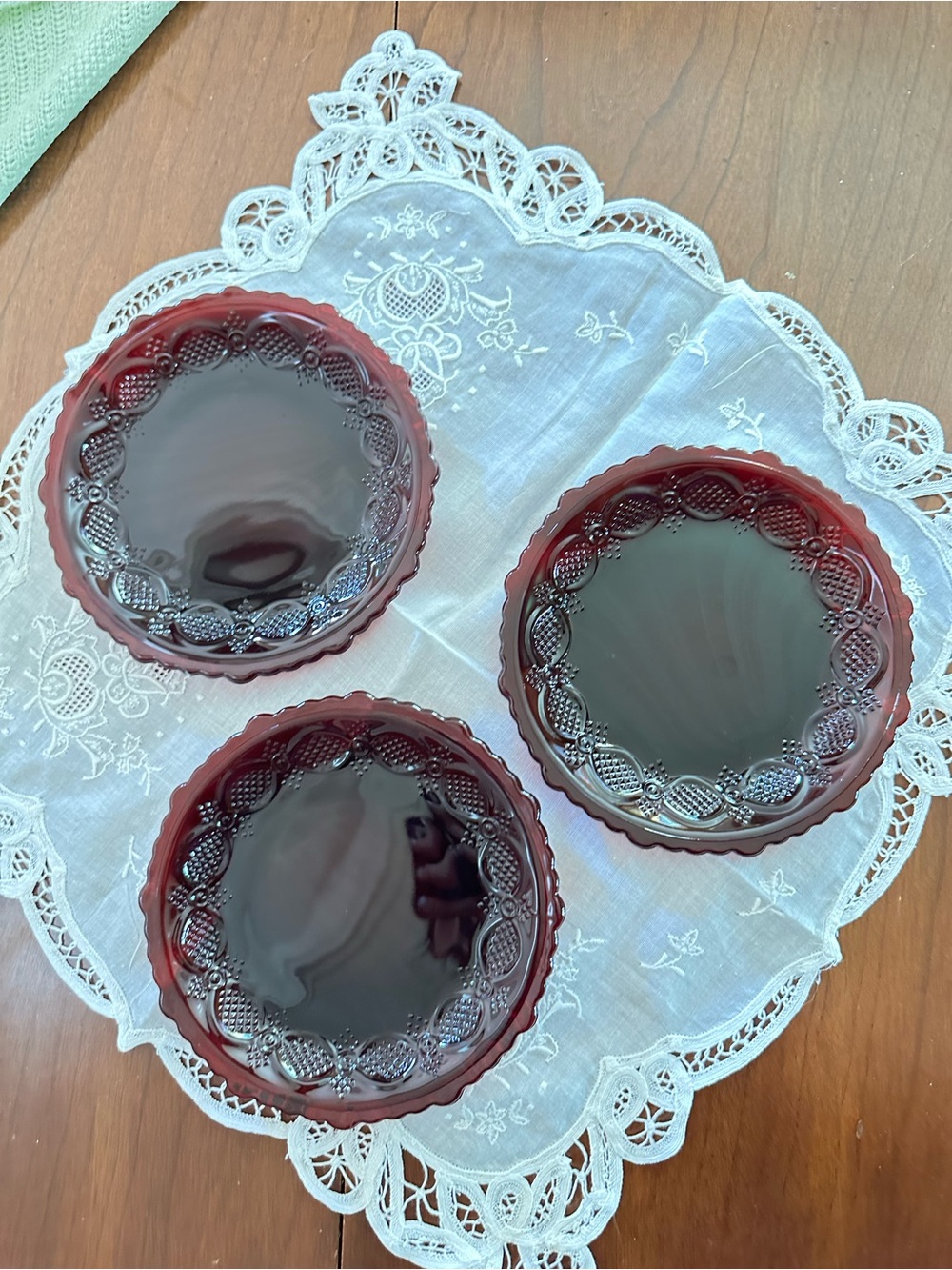 Set of 3 Avon Cape Cod Ruby Red Glass Dessert Plates Vintage